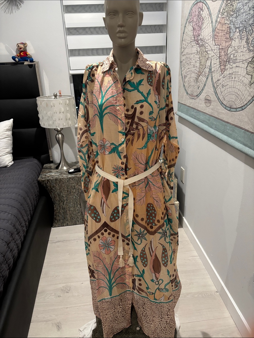 Printed Maxi Shirt Dress in Beige with Teal Floral Accents Made in  Italy